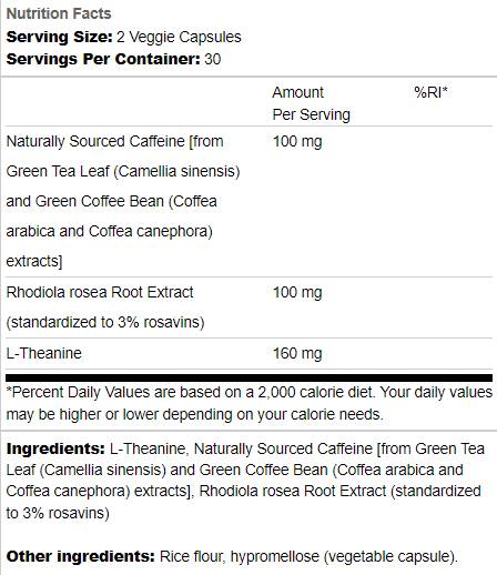 Καθαρή Ενέργεια | Κάψουλες Natural Caffeine, Rhodiola και L-Theanine 60