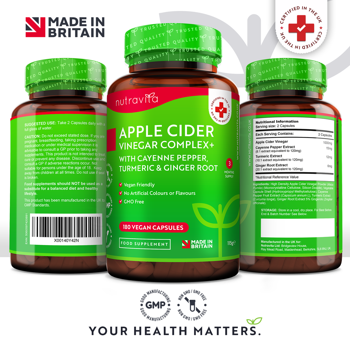 Apple Cider Vinegar 1000 mg /180 капсули, 90 дози/ Nutravita