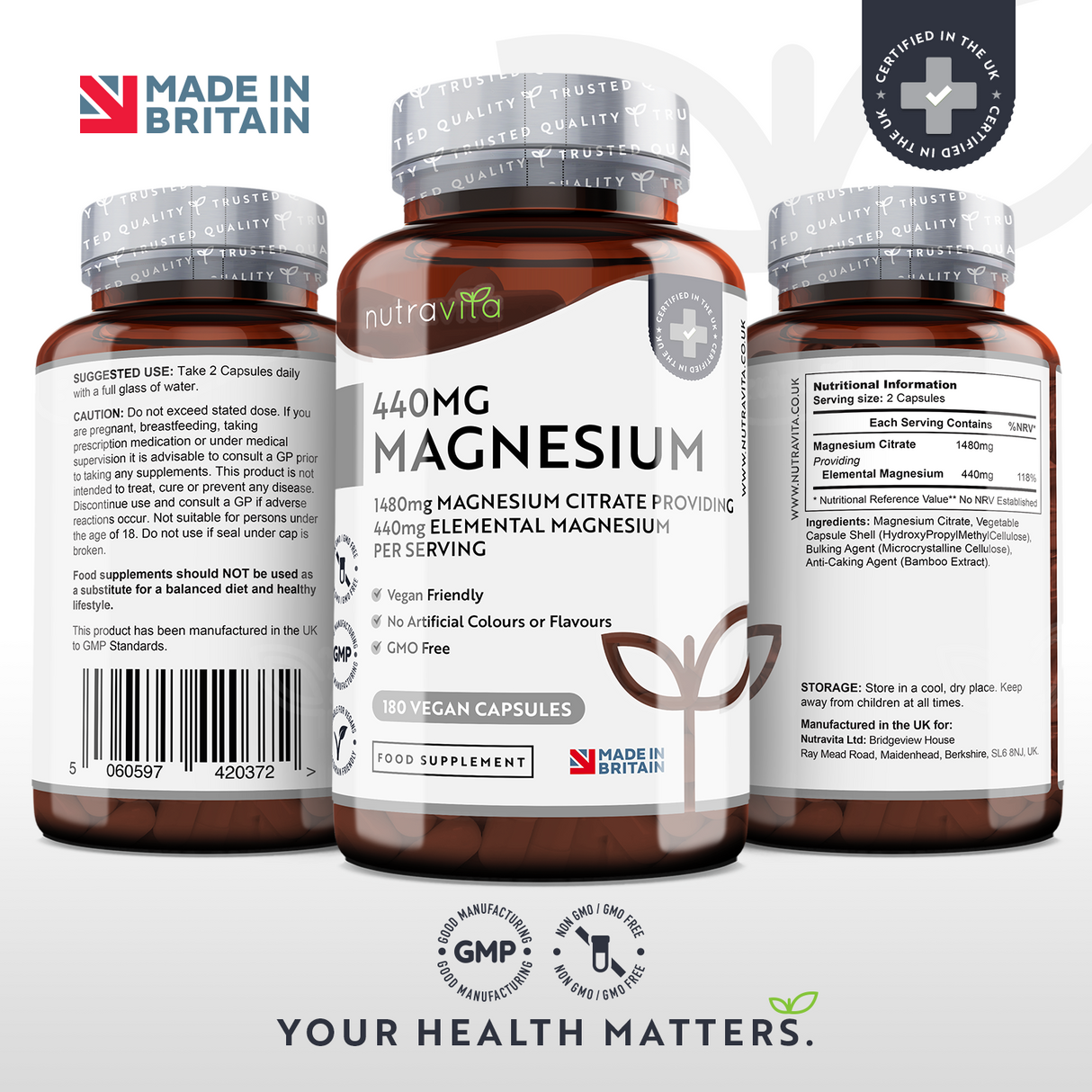 Magneziu (citrat) 1480 mg (440 mg magneziu pur) - 180 capsule vegane