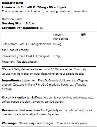 Lutein 20 mg | With FloraGLO - 60 Gel capsules