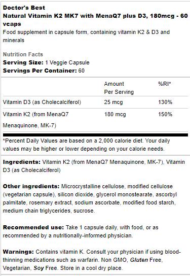 BEST Natural Vitamin K2 MK-7 180 mcg | Plus D-3 - 60 капсули