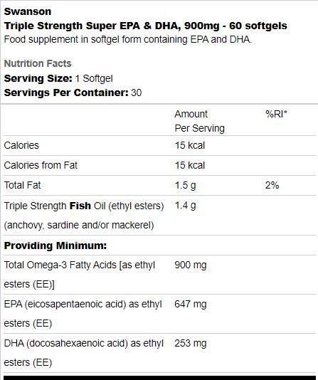 Triple Strength Super EPA &amp; DHA 900 mg 60 Гел капсули