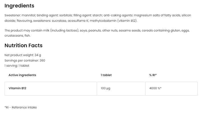 Vitamina B12 Metilcobalamina | Pastile 360 ​​Comprimate sublinguale