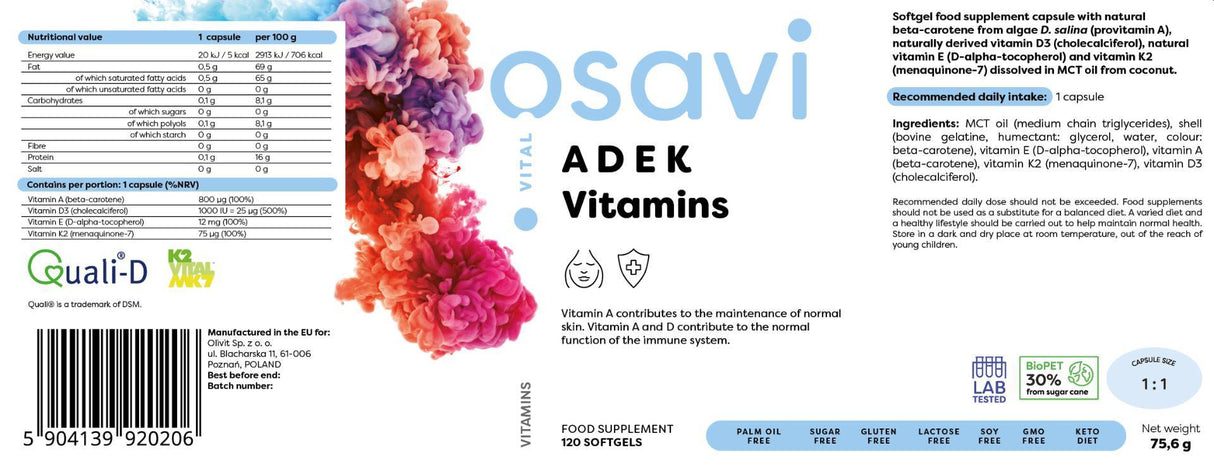 ADEK Vitamins | A + D + E + K | with Quali-D® - 120 Гел капсули