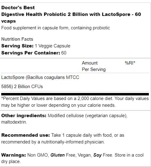 Digestive Health Probiotic | 2 Billion with LactoSpore - 60 капсули