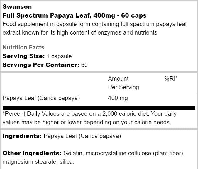 Full Spectrum Papaya Leaf 400 mg 60 κάψουλες