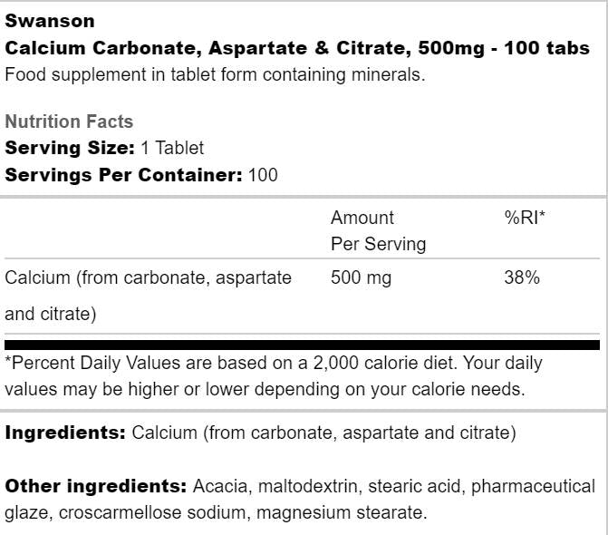 Complex de calciu 500 mg | Carbonat, Aspartat și Citrat 100 Tablete