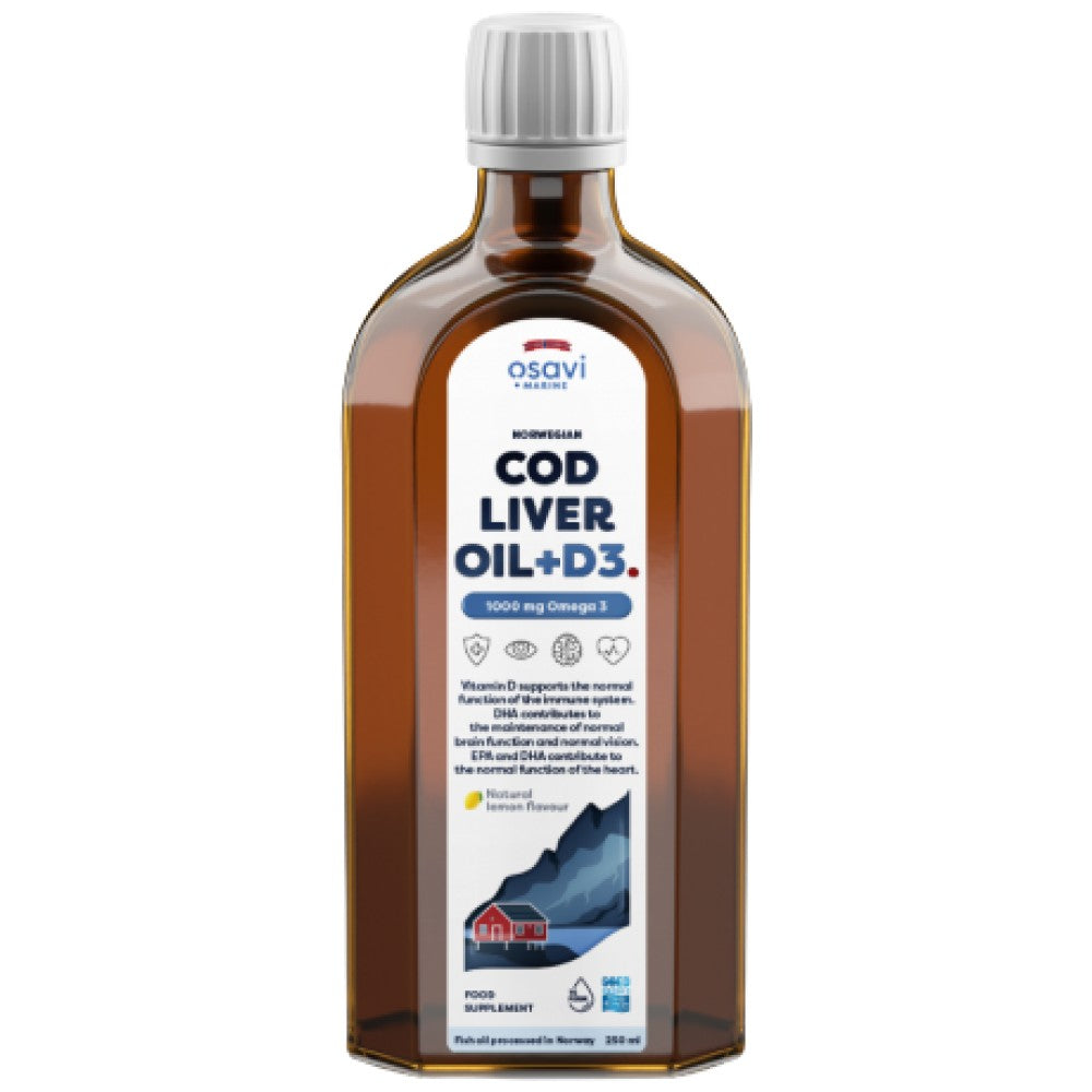 Ulei de ficat de cod norvegian + D3 | Omega lichid cu aromă de lămâie + D3 - 250 ml