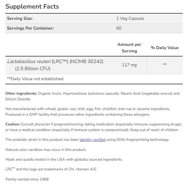 Clinical Heart Health Probiotic | Lactobacillus reuteri LRC™ 2.5 Billion - 60 капсули