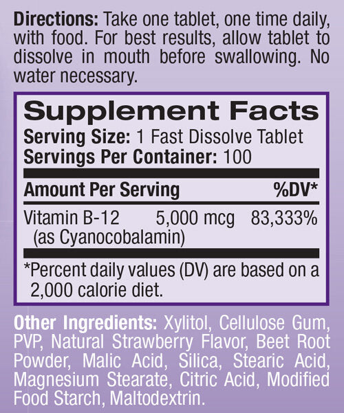 Vitamin B-12 5000mcg Fast Dissolve / 100tabs.