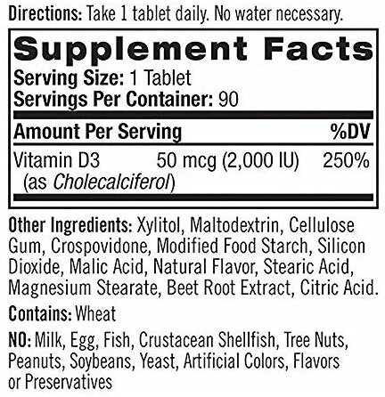 Vitamin D3 2,000 IU Fast Dissolve / 90 Tabs.