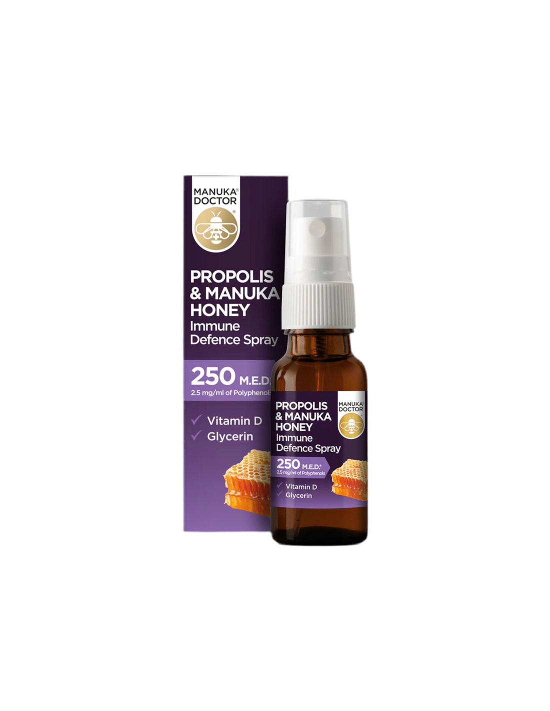 Propolis &amp; Manuka Honey Immune Defense Spray 250 MED/ Σπρέι λαιμού με πρόπολη (250 MED), μέλι manuka και βιταμίνη D3, 20 ml