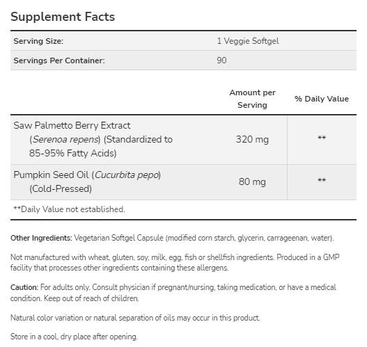 Extract de Saw Palmetto | cu Ulei din Seminte de Dovleac - 90 capsule de gel