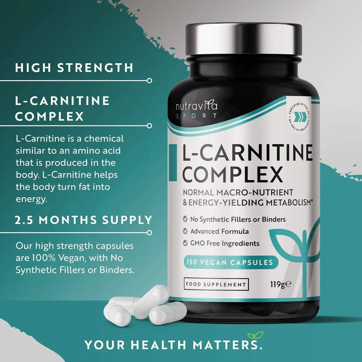 L-Carnitine /L-Tartrate/ Complex /150 капсули, 75 дози/ Nutravita