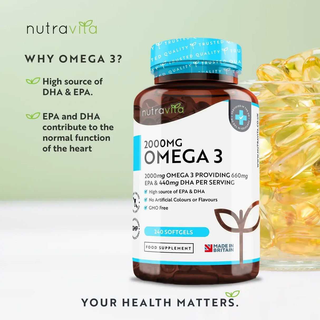 Omega 3 2000 mg /EPA 660 mg, DHA 440 mg/ Pure Fish Oil /240 капсули, 120 дози/ Nutravita