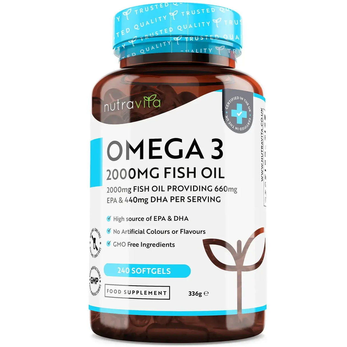 Omega 3 2000 mg /EPA 660 mg, DHA 440 mg/ Pure Fish Oil /240 капсули, 120 дози/ Nutravita