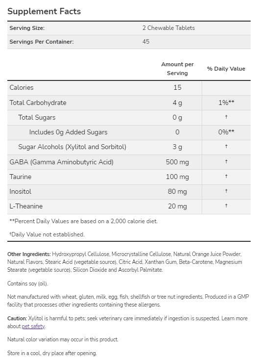 Μασώμενο GABA | με Ταυρίνη, Ινοσιτόλη &amp; Θεανίνη - 90 μασώμενα δισκία