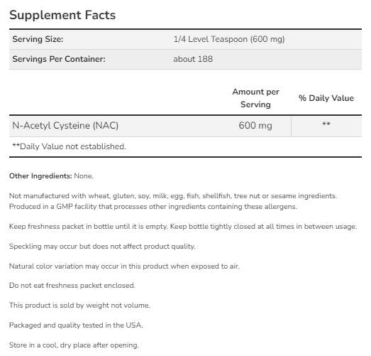 NAC Pure Powder | Ν-ακετυλοκυστεΐνη [113 γραμμάρια, 188 δόσεις]