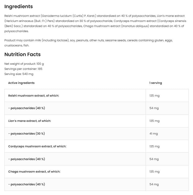 Quatro Mushroom Powder | Lion's Mane ~ Reishi ~ Cordyceps ~ Chaga 100 γραμμάρια