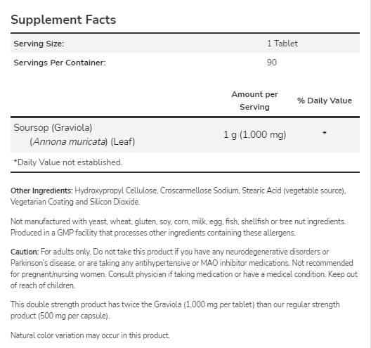 Graviola 1000 mg | Διπλής αντοχής - 90 ταμπλέτες