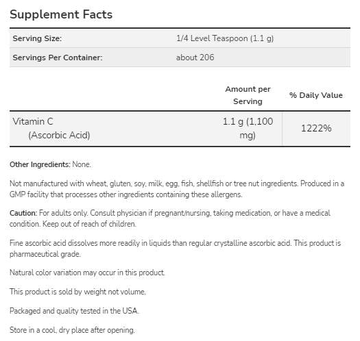 Vitamin C | Ascorbic Acid - Pharmaceutical Grade - 227 грама