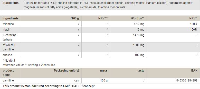 Carnitine Caps - 100 κάψουλες