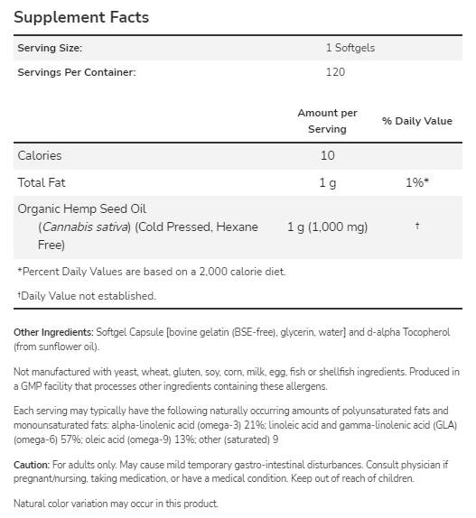 Έλαιο από σπόρους κάνναβης 1000 mg - 120 κάψουλες gel