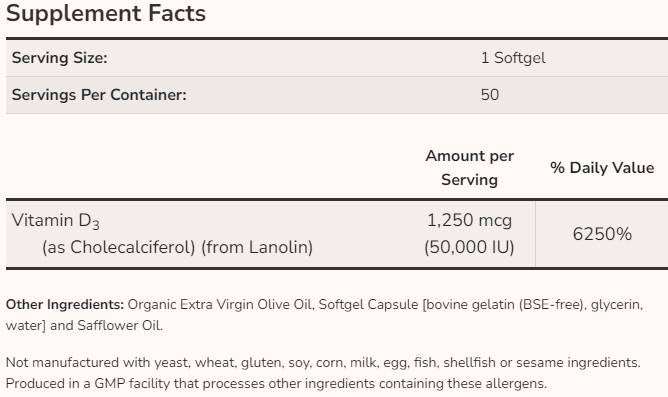 Vitamina D-3 50000 UI [50 capsule de gel, 50 doze]