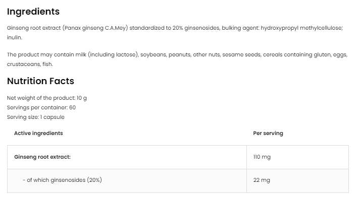 Panax Ginseng 110 mg | Εκχύλισμα ρίζας 60 κάψουλες