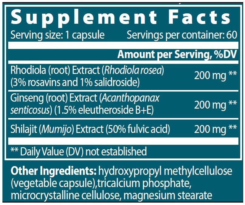 Eastern Adaptogen | Rhodiola + Ginseng + Shilajit - 60 κάψουλες