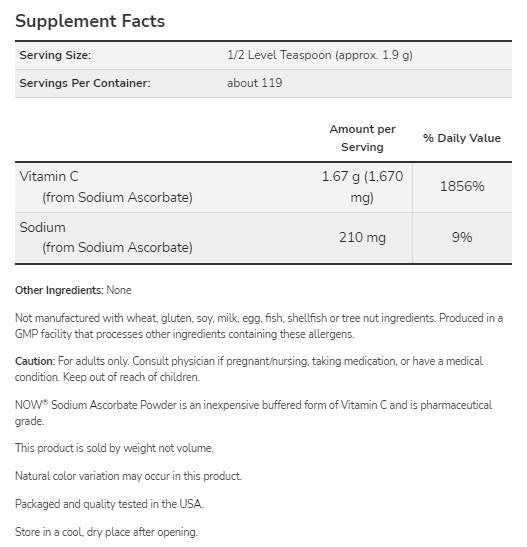 Sodium Ascorbate Powder | Pure, Buffered Vitamin C - 227 грама