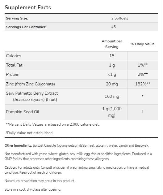 Extract de Saw Palmetto | cu Ulei din Seminte de Dovleac si Zinc - 90 capsule Gel