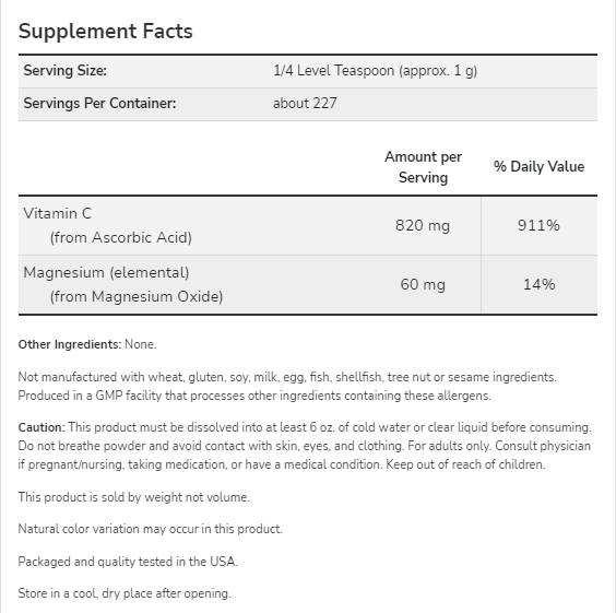 Pudră de ascorbat de magneziu | Vitamina C pură, tamponată - 227 grame