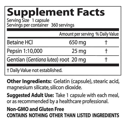 BEST Betaine HCL 650 mg / with Pepsin & Gentian Bitters - 120 капсули