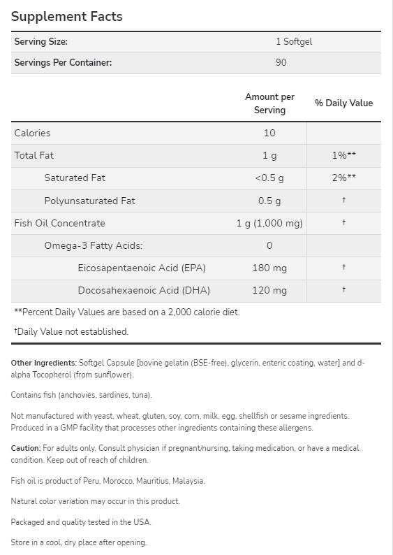 Omega-3 Enteric Coated - 180 Гел капсули