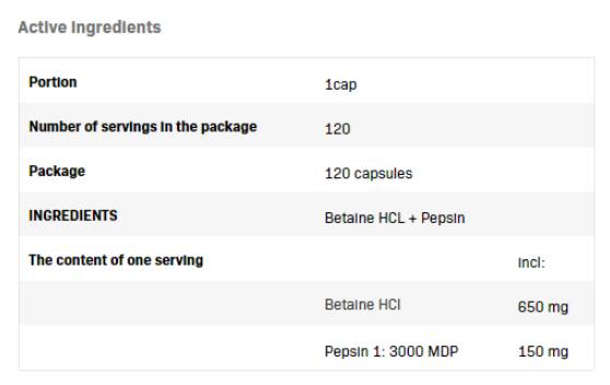 Betaine Hcl 650 mg + Pepsin - 120 κάψουλες