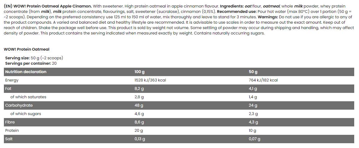 WOW ! Protein Oatmeal | 20% Protein - No Sugar Added - 1000 грама