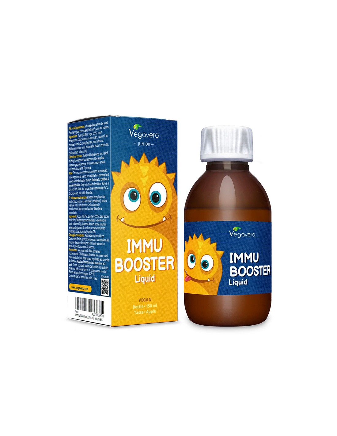 Immu Booster Liquid - Σιρόπι ενίσχυσης του ανοσοποιητικού για παιδιά με βήτα γλυκάνες, ψευδάργυρο + βιταμίνη C και D3, 150 ml, γεύση μήλου