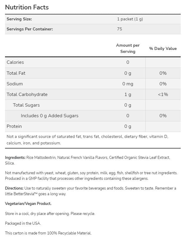 Better Stevia® Packets | French Vanilla - 75 Пакета