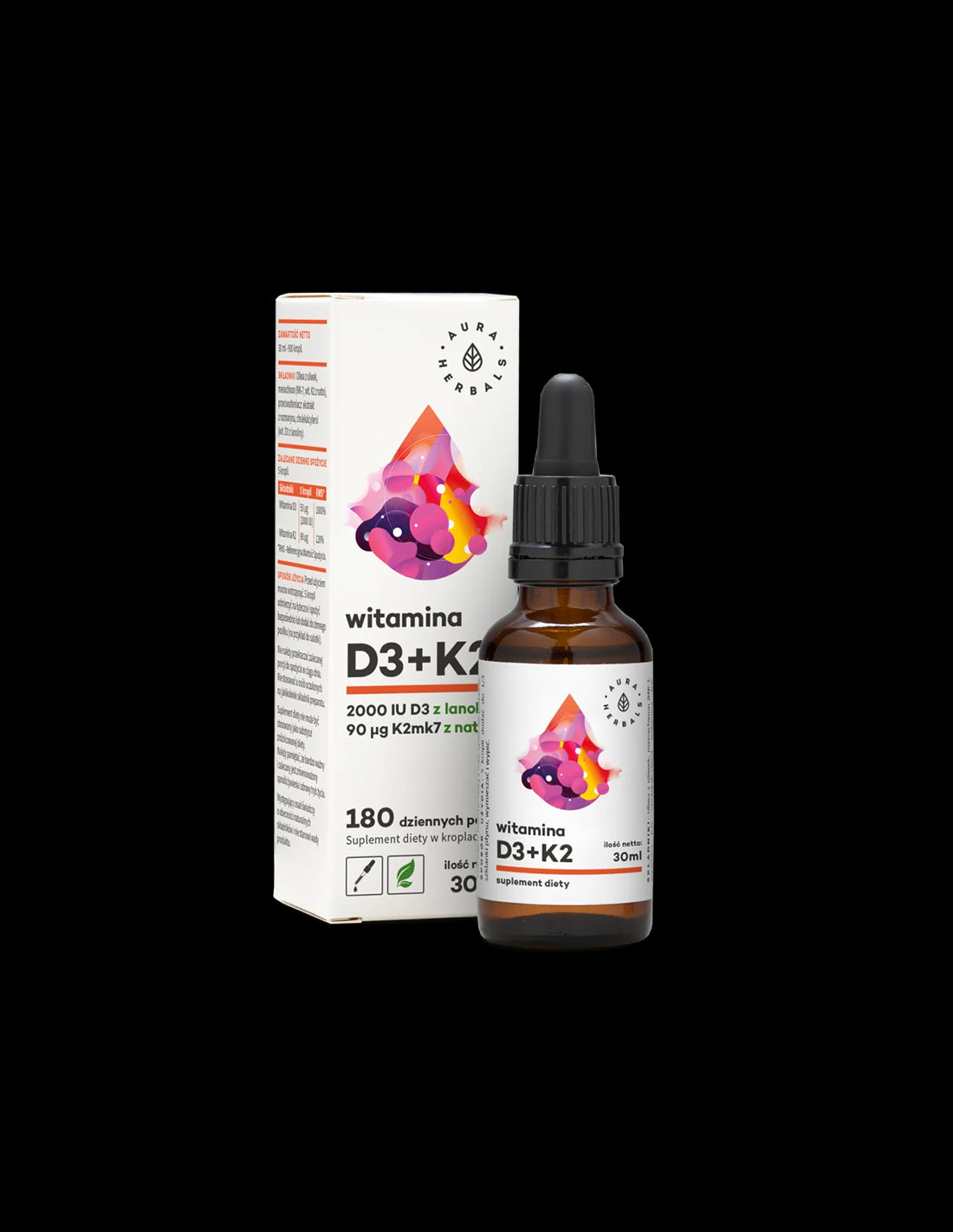 Кости и зъби - Витамин D3 + K2, 30 ml капки Aura Herbals