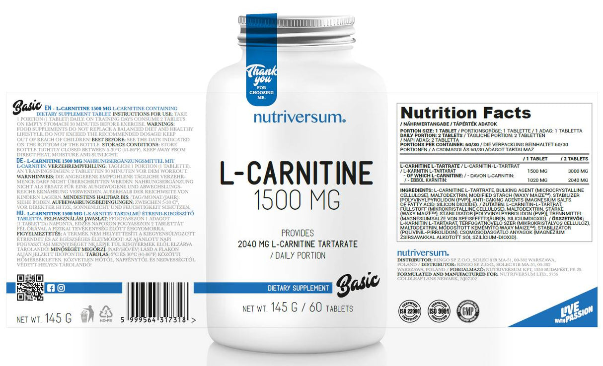 L-Carnitine 1500 mg - 60 Таблетки