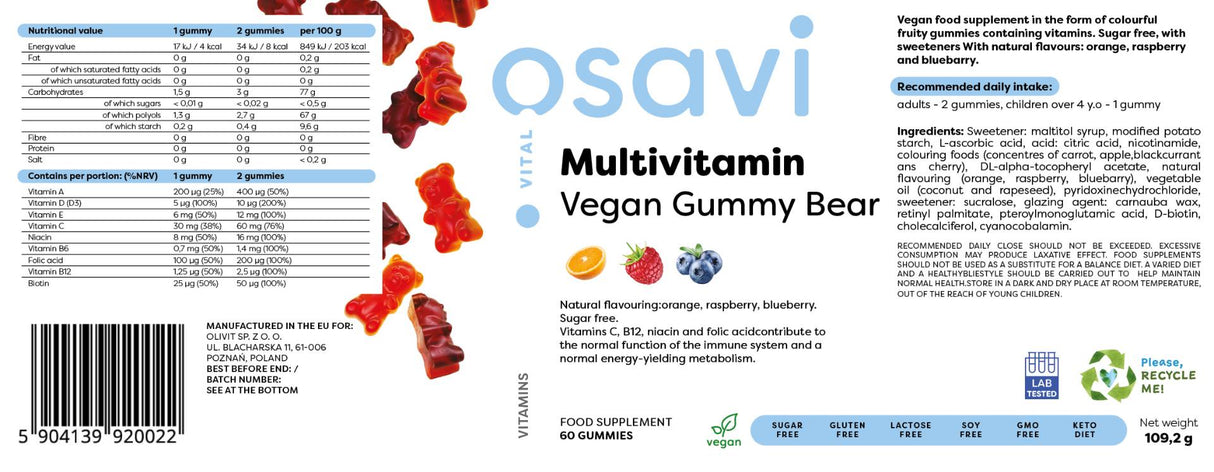 Multivitamin Vegan Gummy Bear | Orange, Raspberry, Blueberry - 60 желирани бонбони