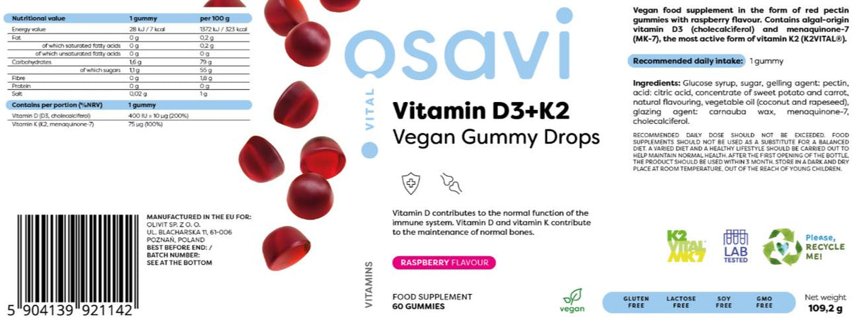 Vitamina D3 400 UI + K2 75 mcg | Picături Gummy Vegane - 60 Bomboane