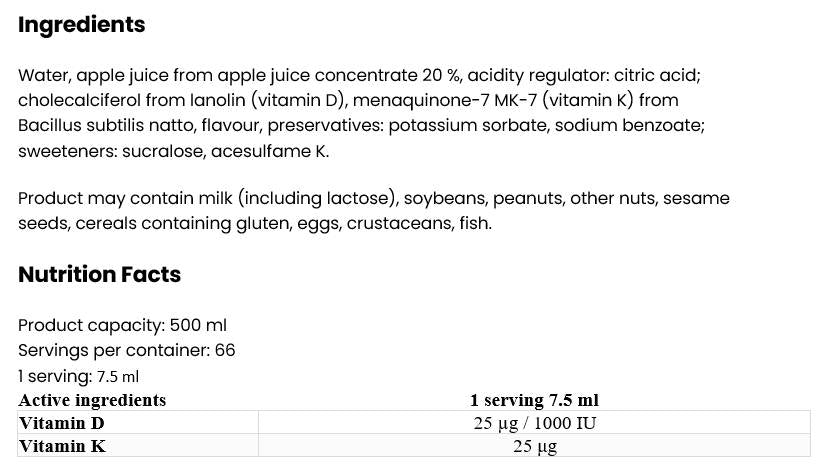 Vitamina D3 + K2 lichid 500 ml