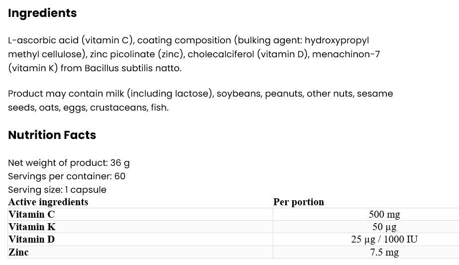 Vitamin D3 2000 + K2 MK-7 / + Vitamin C + Zinc - 60 капсули