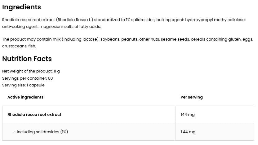 Rhodiola rosea 144 mg | Vege - 60 капсули