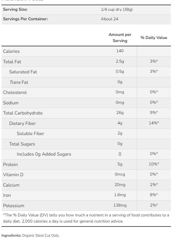 Steel Cut Oats Organic - 907 γραμμάρια