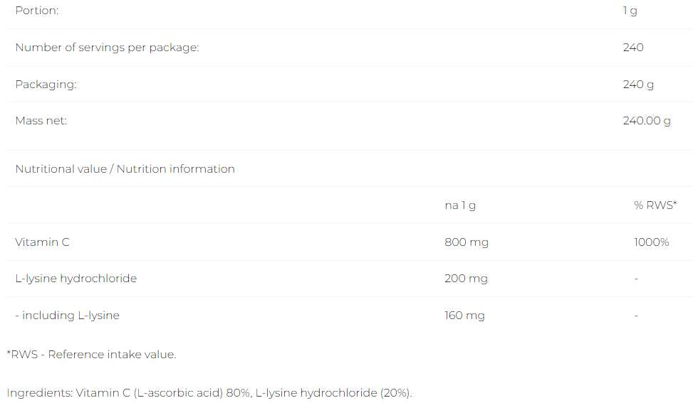 Βιταμίνη C + L-Λυσίνη σε σκόνη - 240 γραμμάρια