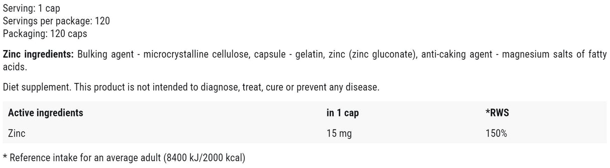 Zinc 15 mg | as Zinc Gluconate - 120 капсули