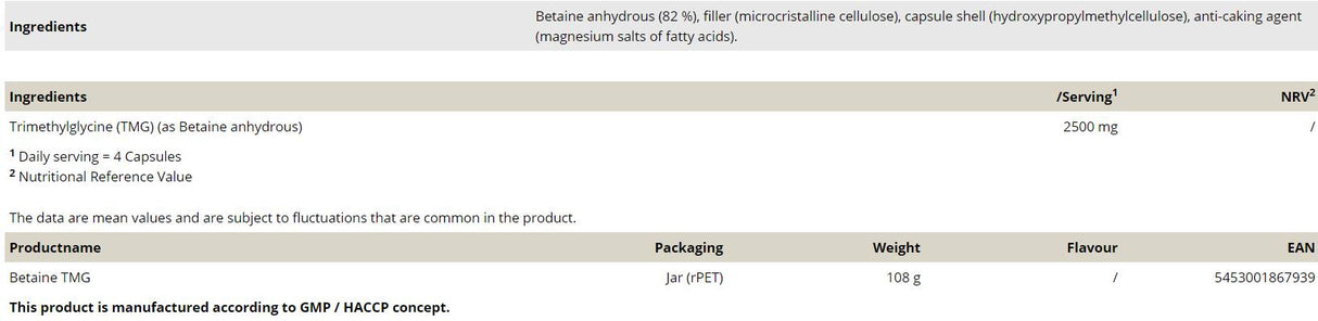 Betaine TMG 750 mg - 120 капсули